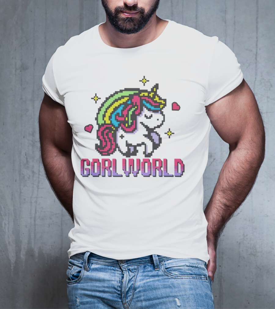 Gorl World Unicorn Retro Pixel Art Rainbow Hearts T-Shirt