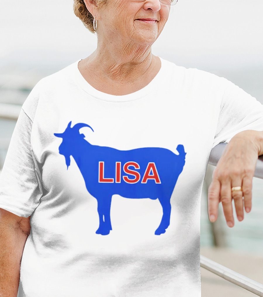 Lisa L Dubbs Goat Silhouette With Name In Bold Red Letters Blue Background T-Shirt