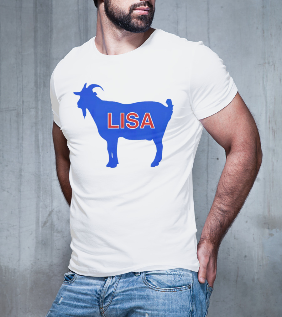 Lisa L Dubbs Goat Silhouette With Name In Bold Red Letters Blue Background T-Shirt