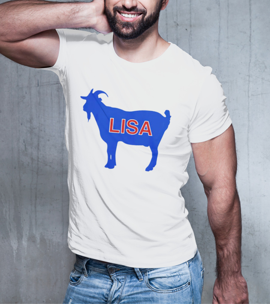 Lisa L Dubbs Goat Silhouette With Name In Bold Red Letters Blue Background T-Shirt
