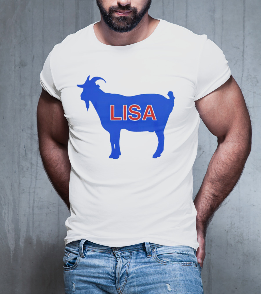 Lisa L Dubbs Goat Silhouette With Name In Bold Red Letters Blue Background T-Shirt