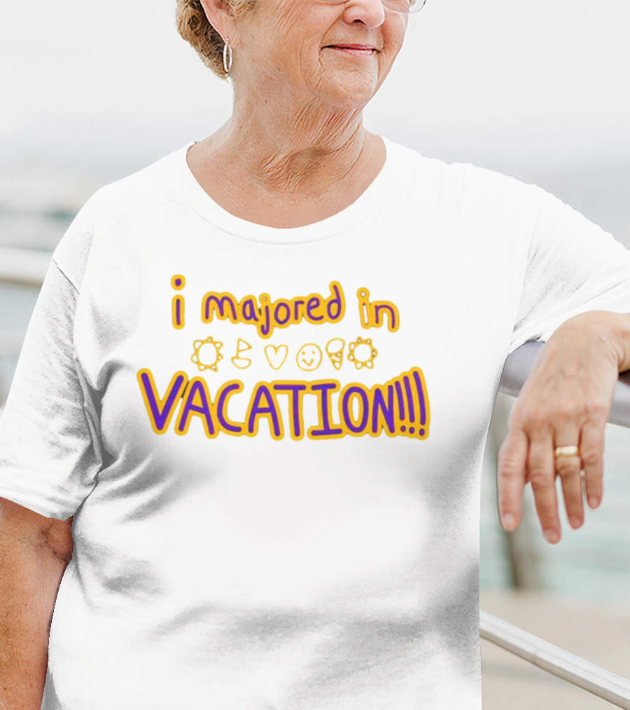 Weston Koury Wearing I Majored In Vacation Sun Heart Smile Cone Text T-Shirt