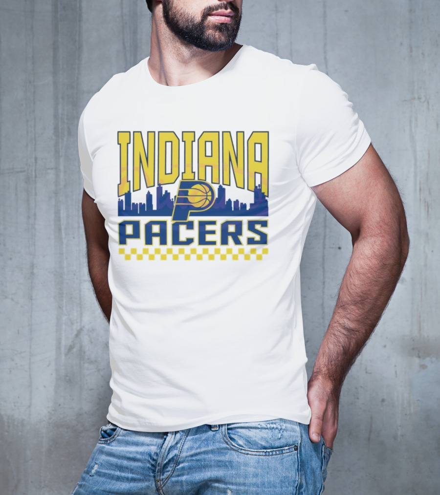 Indiana Pacers NBA Logo Skyline With Checkered T-Shirt
