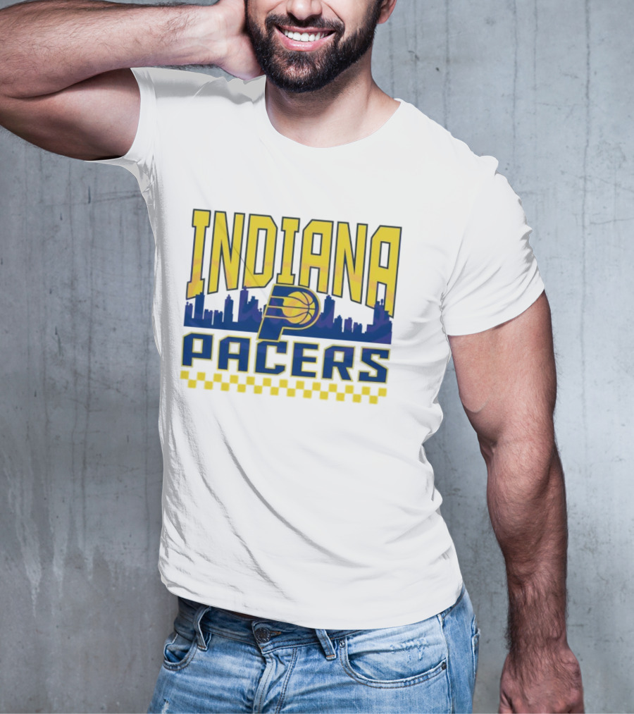 Indiana Pacers NBA Logo Skyline With Checkered T-Shirt