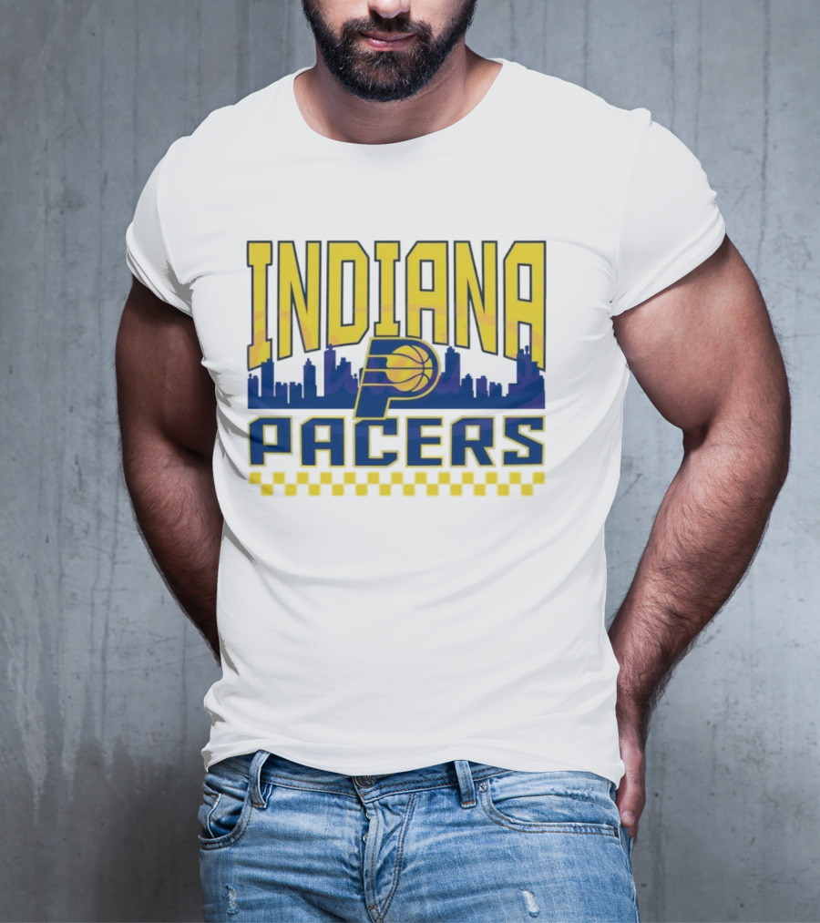 Indiana Pacers NBA Logo Skyline With Checkered T-Shirt