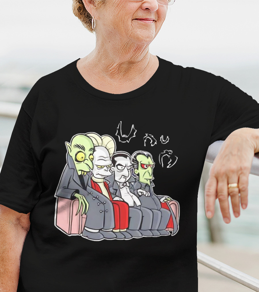 Various Versions Of Draculas Seated On A Couch With Bat Symbols T-Shirt