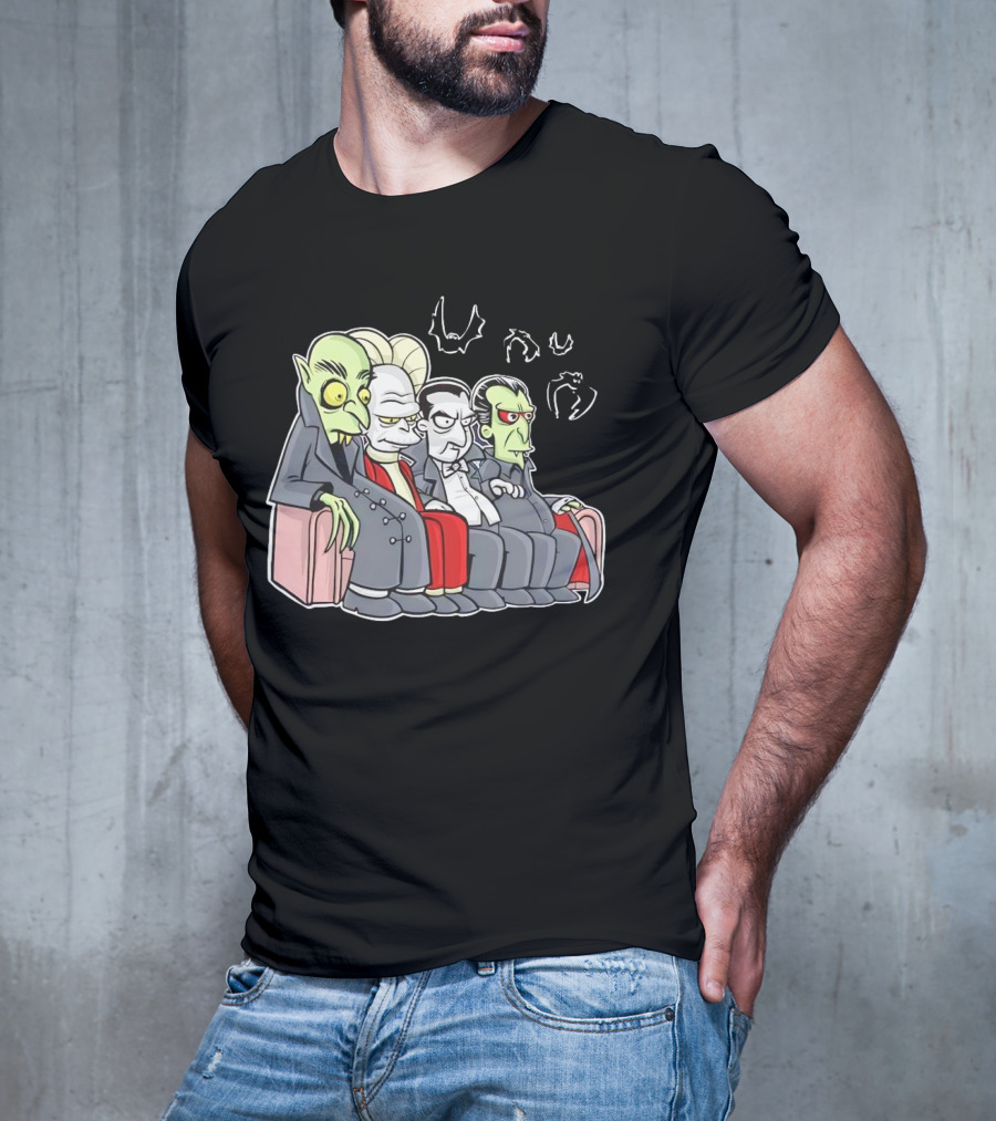 Various Versions Of Draculas Seated On A Couch With Bat Symbols T-Shirt