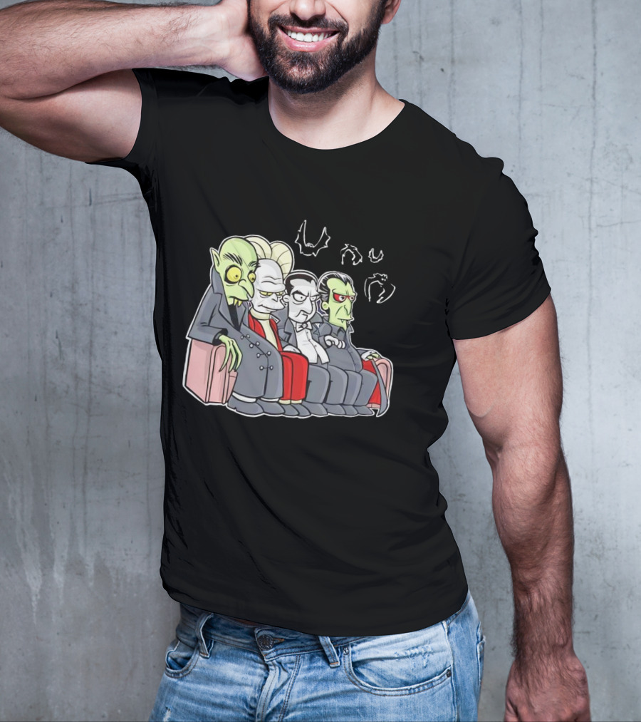 Various Versions Of Draculas Seated On A Couch With Bat Symbols T-Shirt