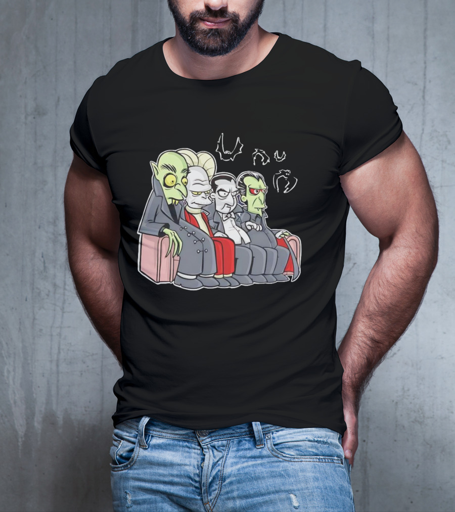 Various Versions Of Draculas Seated On A Couch With Bat Symbols T-Shirt