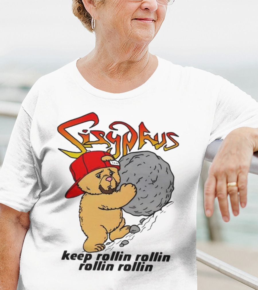 Sisyphus Keep Rollin Rollin Rollin Rollin Bear With Boulder Red Cap T-Shirt