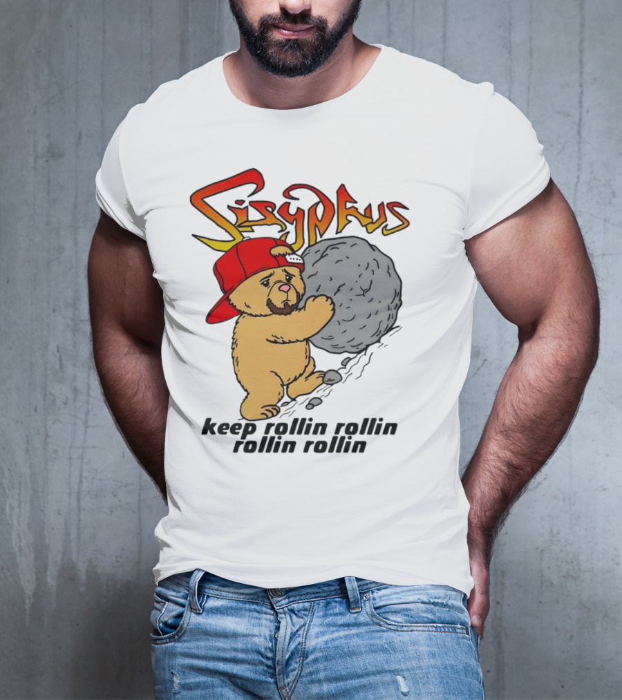 Sisyphus Keep Rollin Rollin Rollin Rollin Bear With Boulder Red Cap T-Shirt