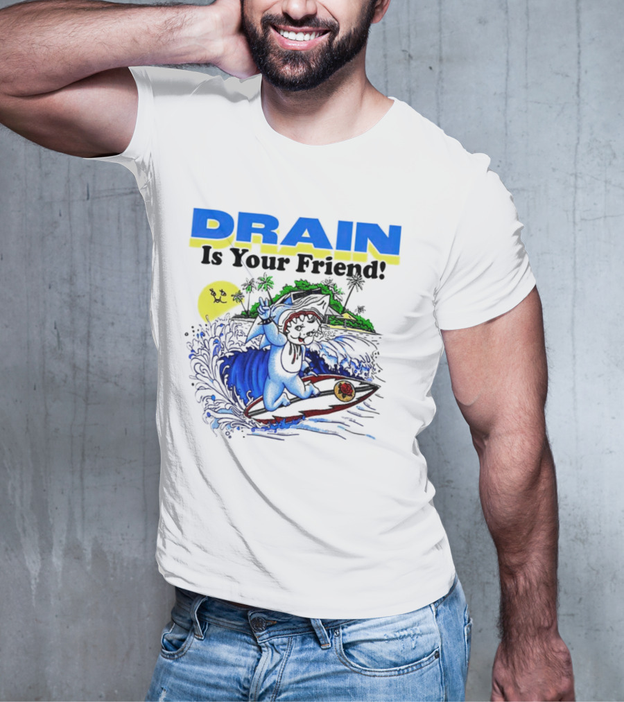 Drain Is Your Friend Surfing Dog Island Moon Scene T-Shirt