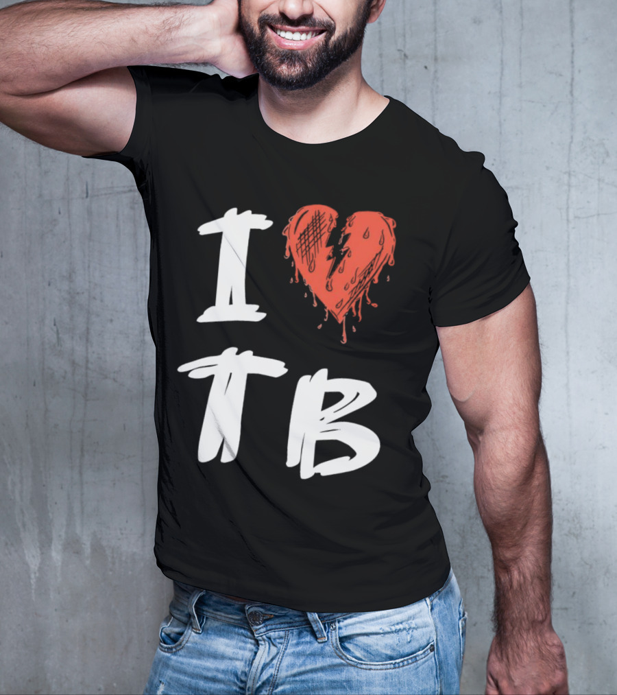 I Love TB Heart Icon With Dripping Red And Black Details Tragedy Boiz T-Shirt