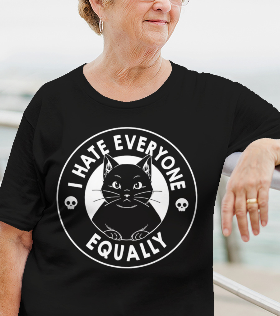 I Hate Everyone Equally Black Cat Illustration With Skulls T-Shirt
