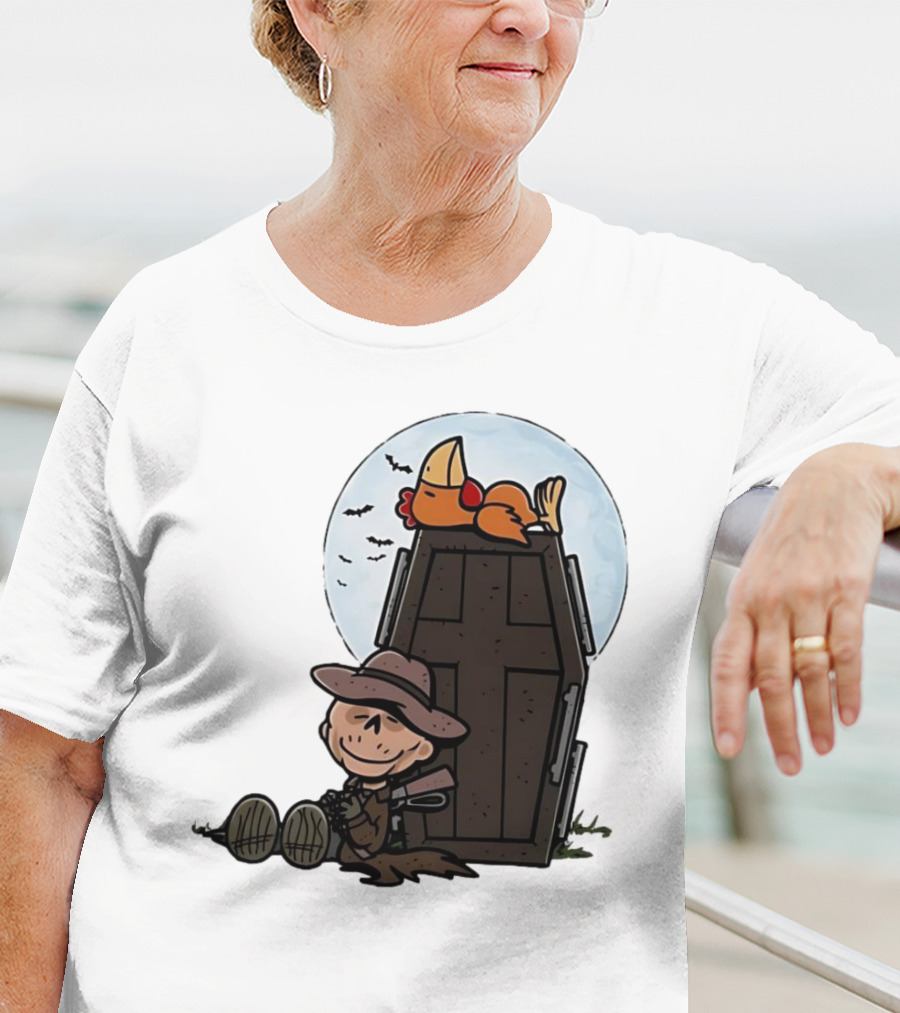 Ghoul And A Chicken From Fallout Peanuts Style Sitting By Coffin Under Moon With Bats T-Shirt