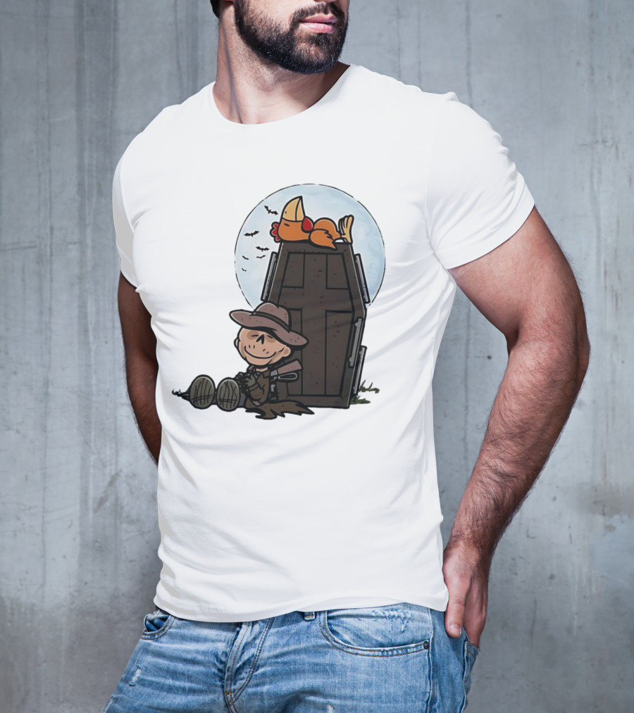 Ghoul And A Chicken From Fallout Peanuts Style Sitting By Coffin Under Moon With Bats T-Shirt