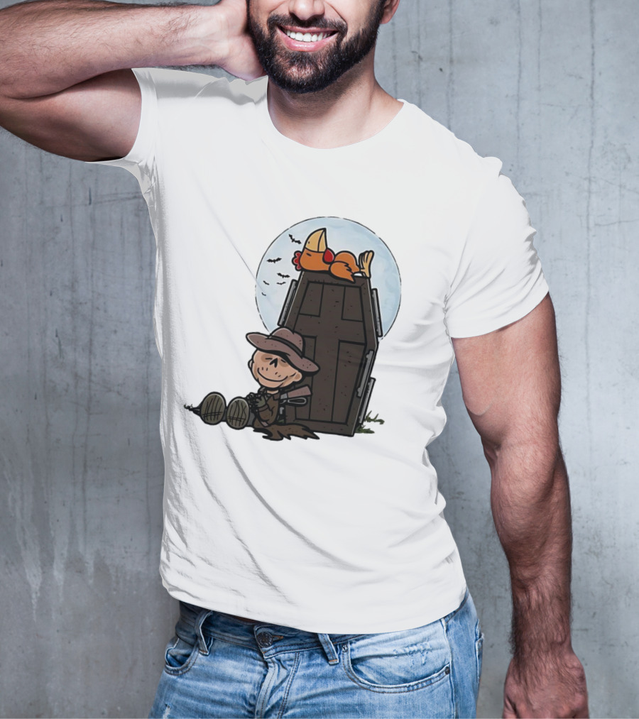 Ghoul And A Chicken From Fallout Peanuts Style Sitting By Coffin Under Moon With Bats T-Shirt