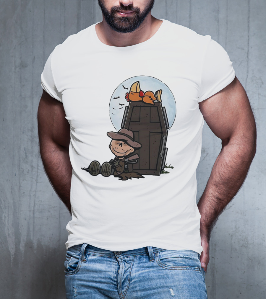 Ghoul And A Chicken From Fallout Peanuts Style Sitting By Coffin Under Moon With Bats T-Shirt