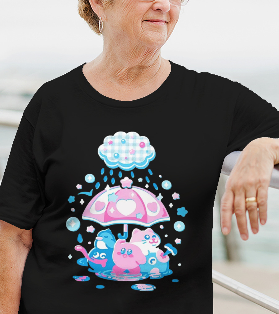 Kirby Gooey And Rick Under Heart Umbrella With Stars And Raindrops T-Shirt