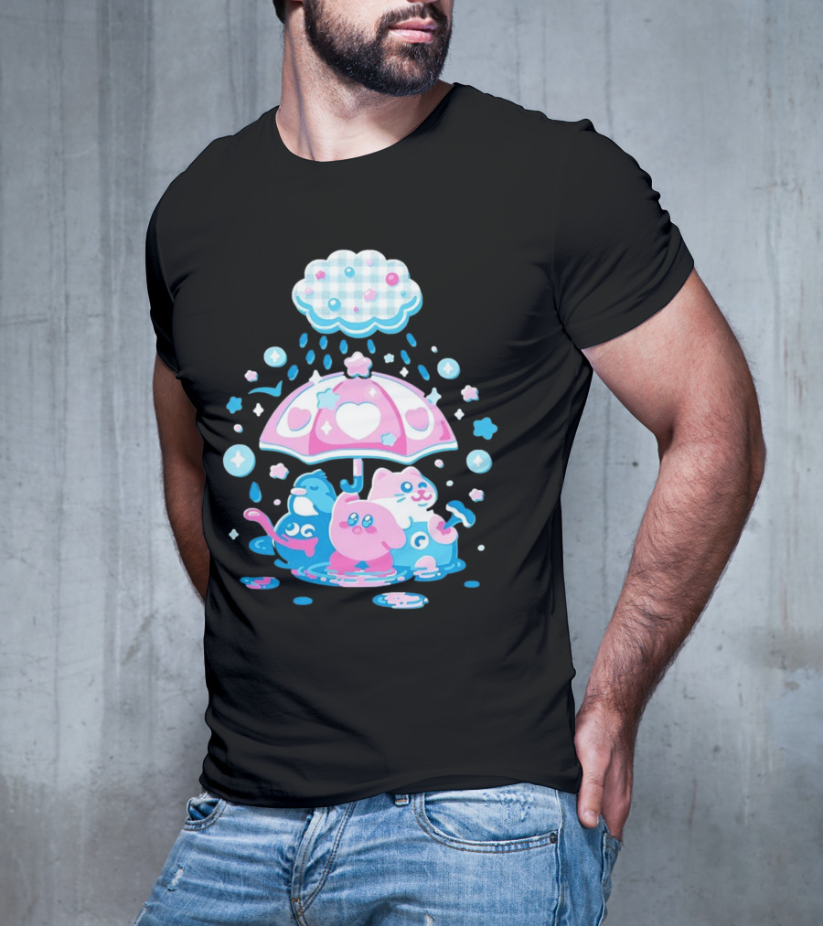 Kirby Gooey And Rick Under Heart Umbrella With Stars And Raindrops T-Shirt