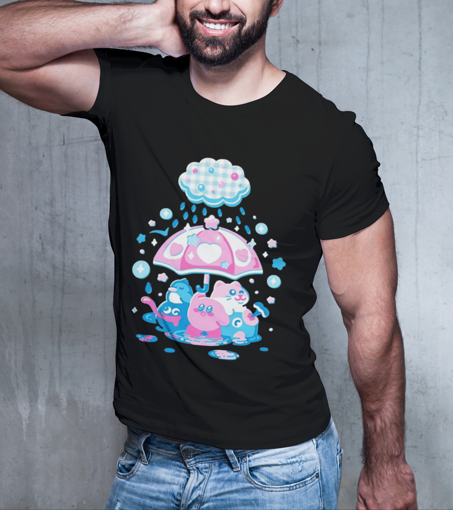 Kirby Gooey And Rick Under Heart Umbrella With Stars And Raindrops T-Shirt