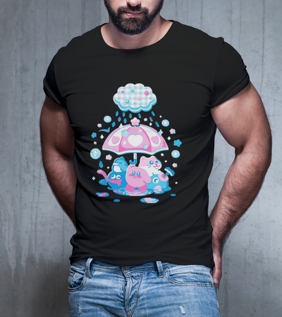 Kirby Gooey And Rick Under Heart Umbrella With Stars And Raindrops T-Shirt