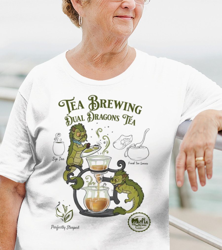 Tea Brewing Dual Dragons Sip Tea Perfectly Steeped Leaf And Kettle T-Shirt