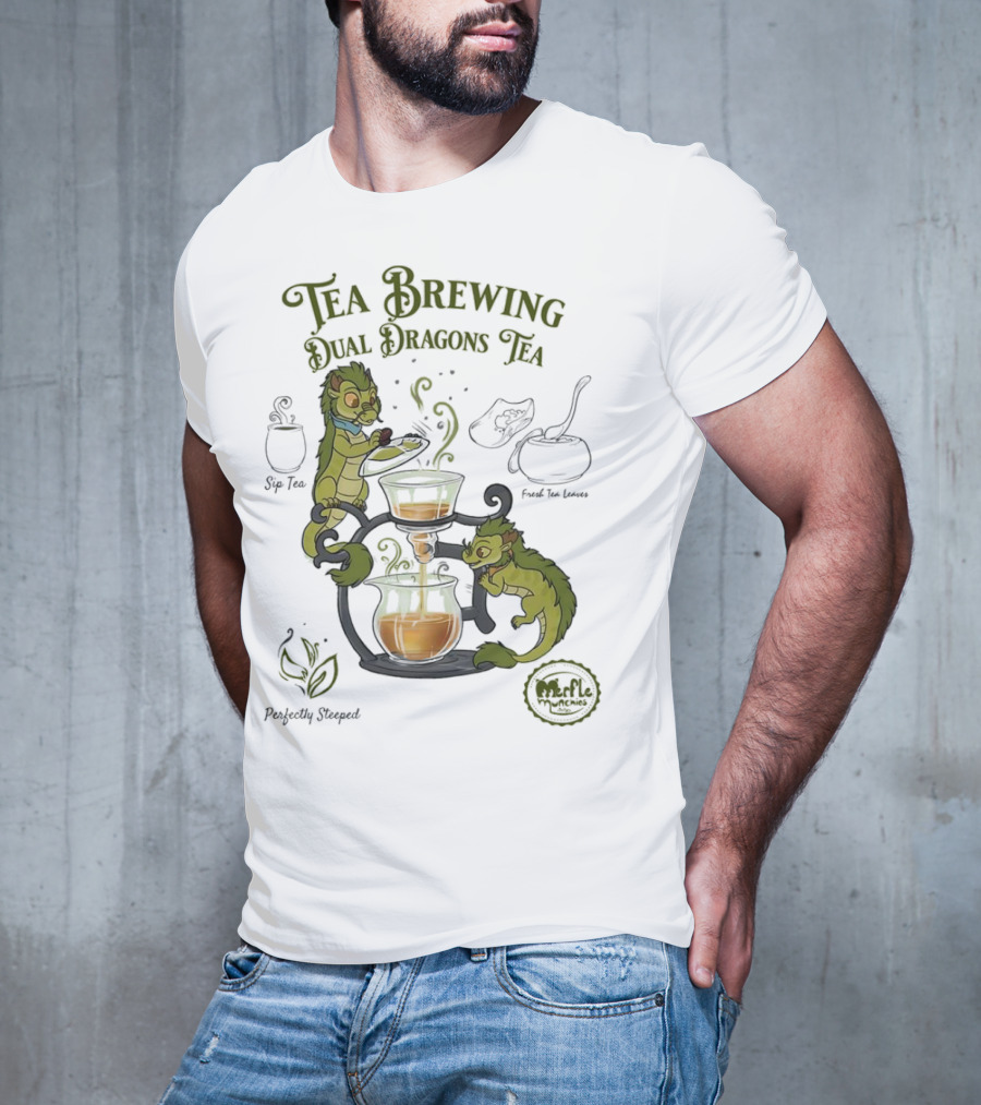 Tea Brewing Dual Dragons Sip Tea Perfectly Steeped Leaf And Kettle T-Shirt