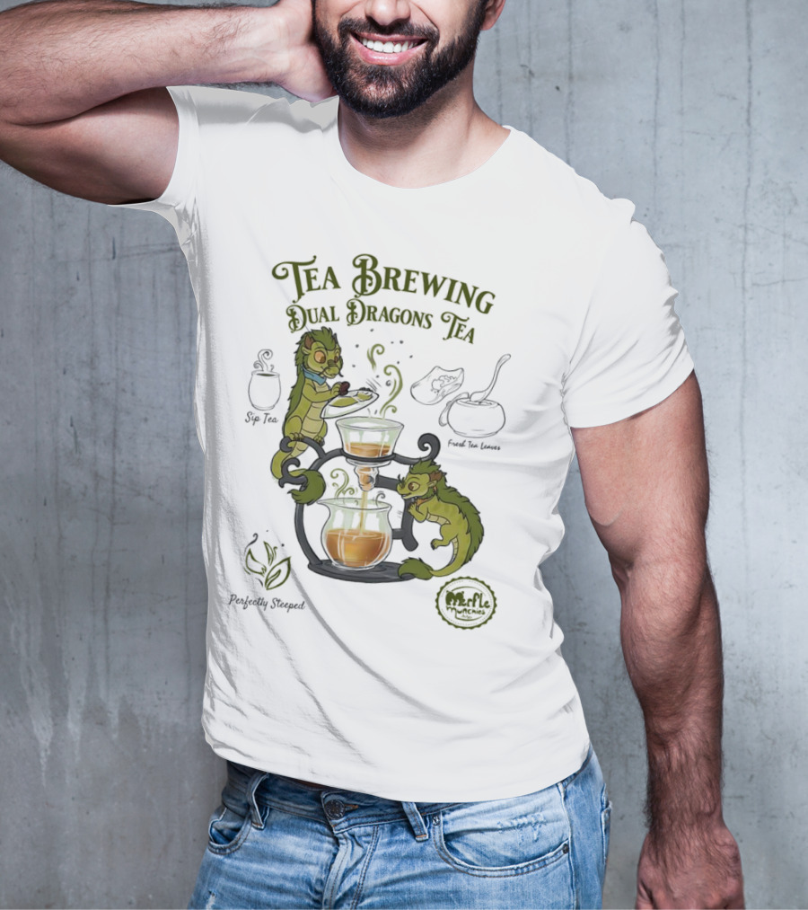 Tea Brewing Dual Dragons Sip Tea Perfectly Steeped Leaf And Kettle T-Shirt