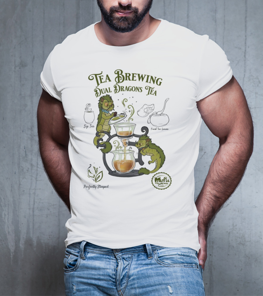 Tea Brewing Dual Dragons Sip Tea Perfectly Steeped Leaf And Kettle T-Shirt