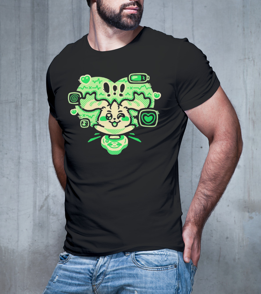 Terriermon Digimon Iconic Green Heartbeat Motif With Digital Symbols T-Shirt