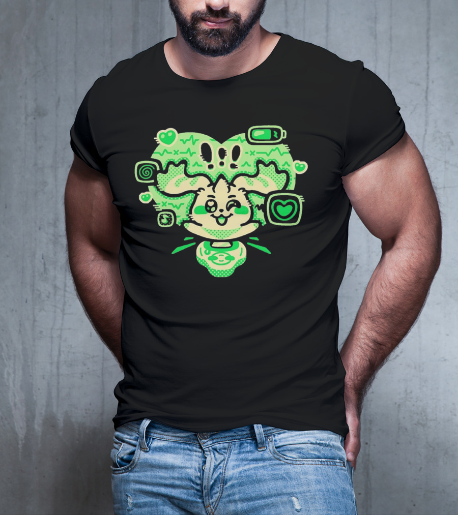 Terriermon Digimon Iconic Green Heartbeat Motif With Digital Symbols T-Shirt