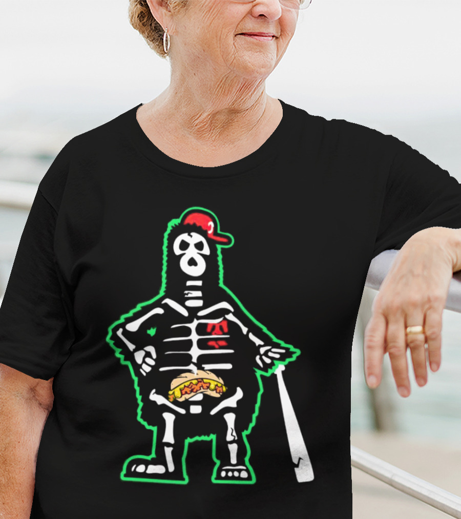 Phillie Phanatic Skeleton With Baseball Bat And Hot Dog Belly T-Shirt