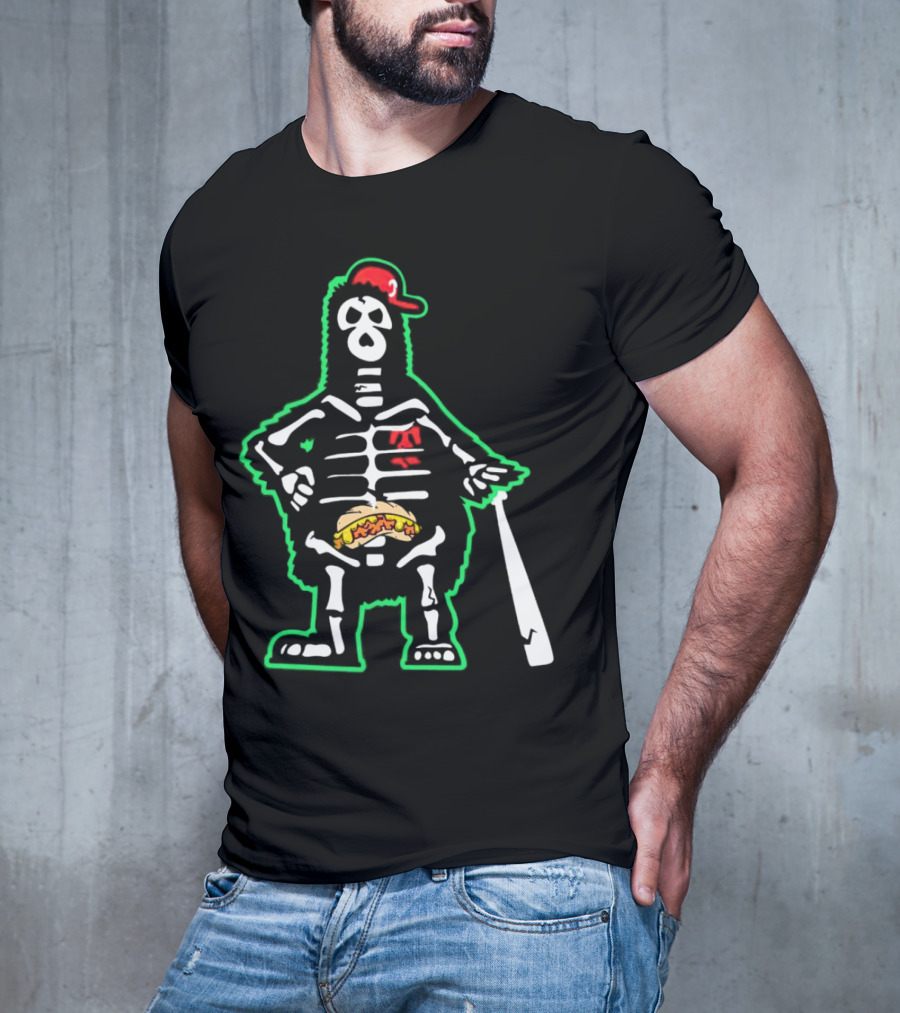 Phillie Phanatic Skeleton With Baseball Bat And Hot Dog Belly T-Shirt