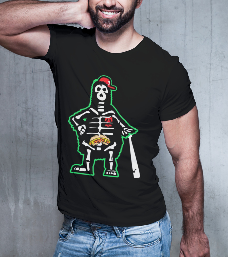 Phillie Phanatic Skeleton With Baseball Bat And Hot Dog Belly T-Shirt