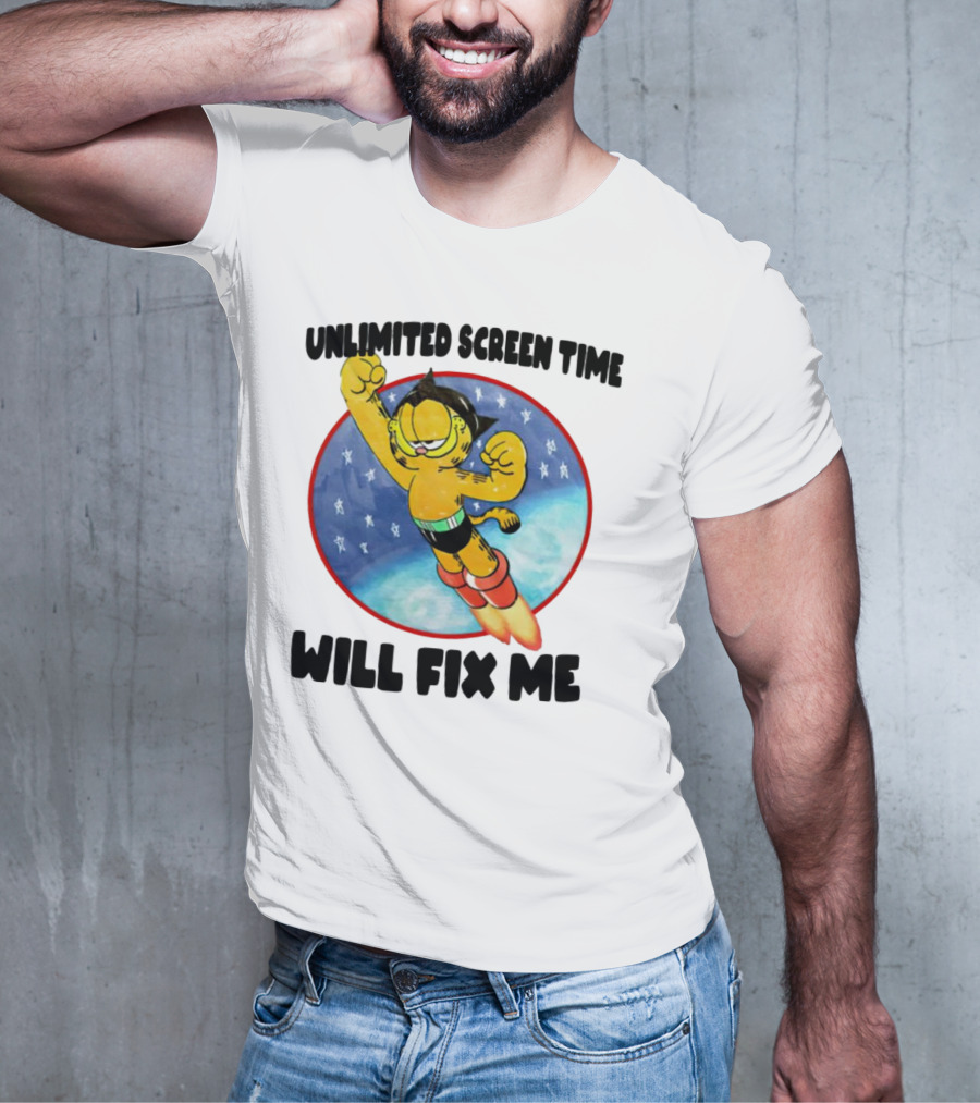 Unlimited Screen Time Will Fix Me Garfield Superhero Flight T-Shirt