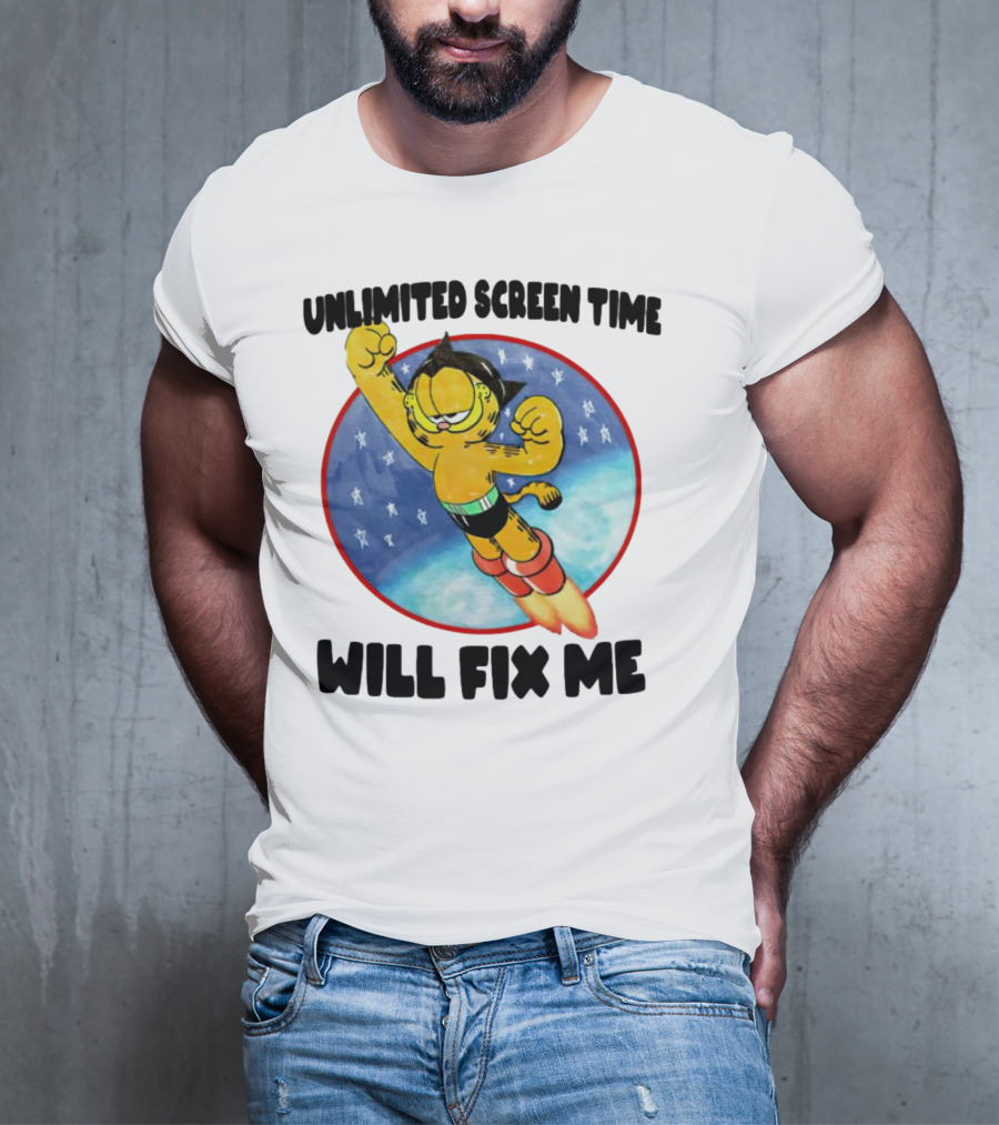 Unlimited Screen Time Will Fix Me Garfield Superhero Flight T-Shirt