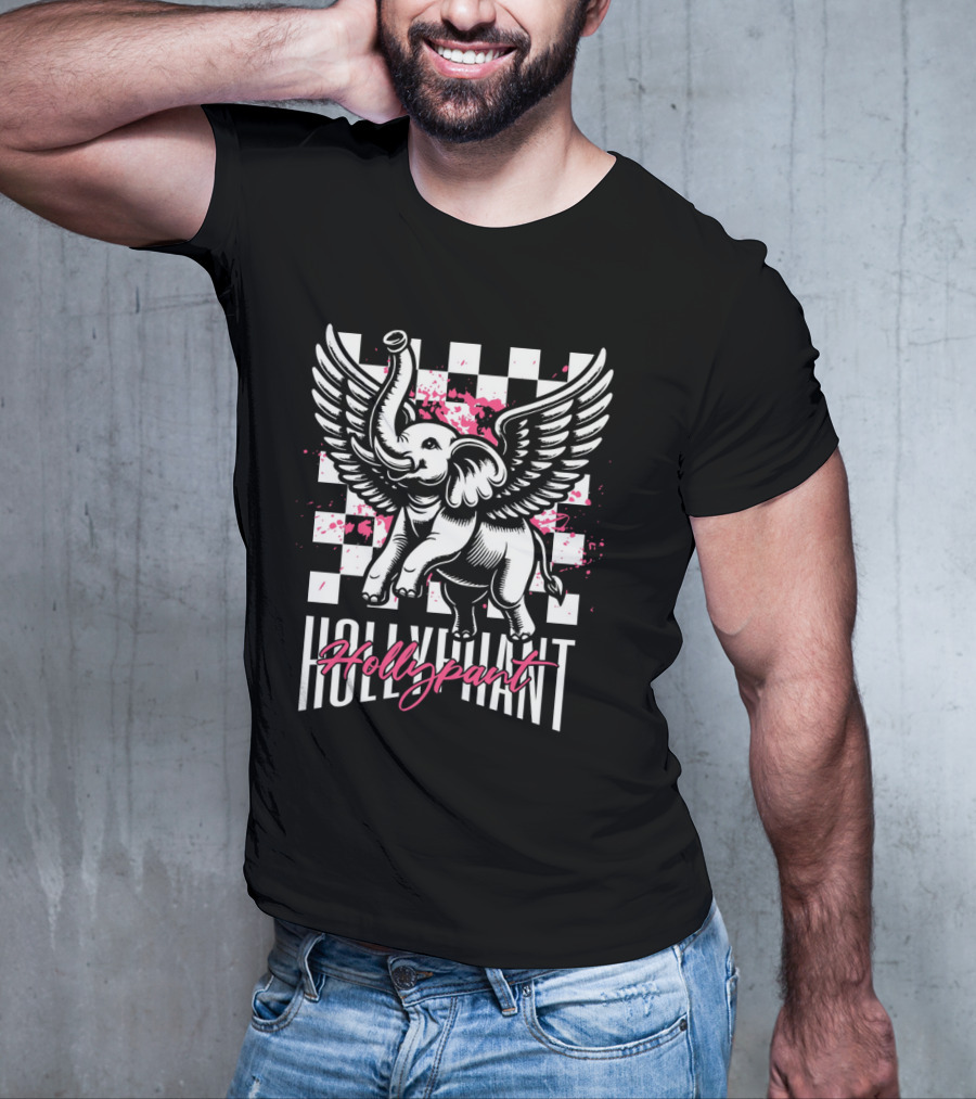 Hollypant Flying Elephant Checkered Pink Splatters T-Shirt