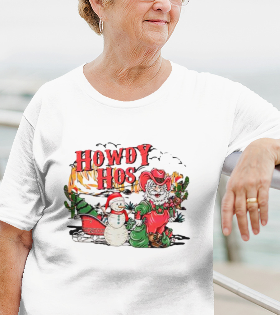 Howdy Hos Santa Snowman Sled Cowboy Christmas Scene T-Shirt