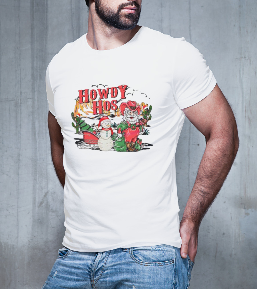 Howdy Hos Santa Snowman Sled Cowboy Christmas Scene T-Shirt