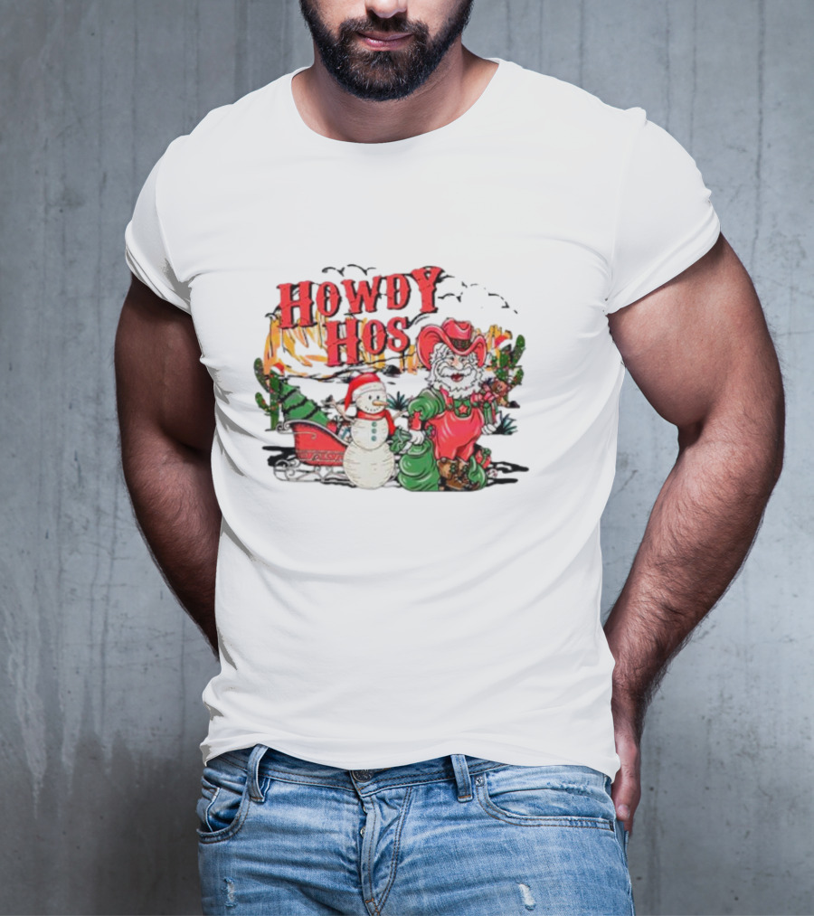 Howdy Hos Santa Snowman Sled Cowboy Christmas Scene T-Shirt