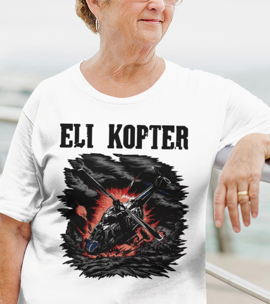 Eli Kopter Helicopter In Stormy Sky With Red Explosion T-Shirt