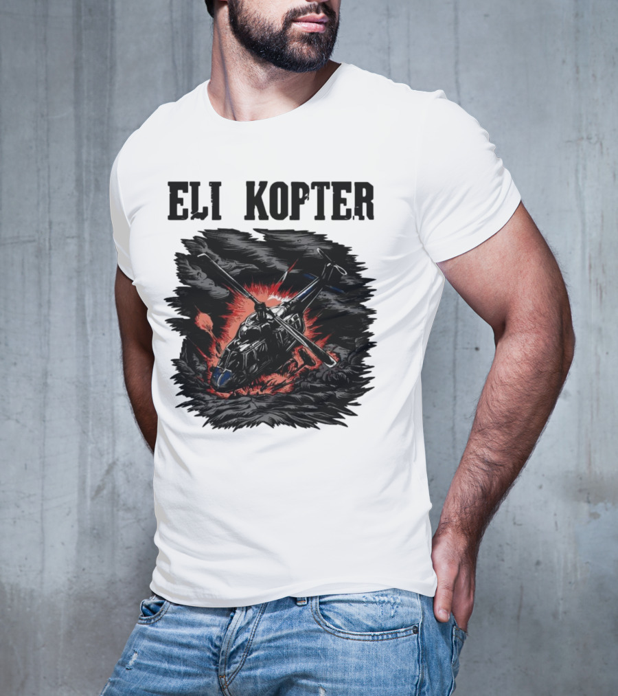 Eli Kopter Helicopter In Stormy Sky With Red Explosion T-Shirt