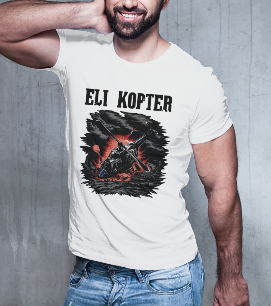 Eli Kopter Helicopter In Stormy Sky With Red Explosion T-Shirt