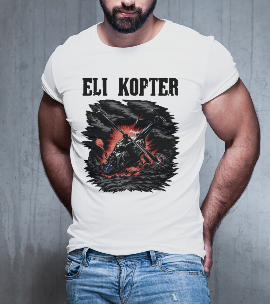 Eli Kopter Helicopter In Stormy Sky With Red Explosion T-Shirt