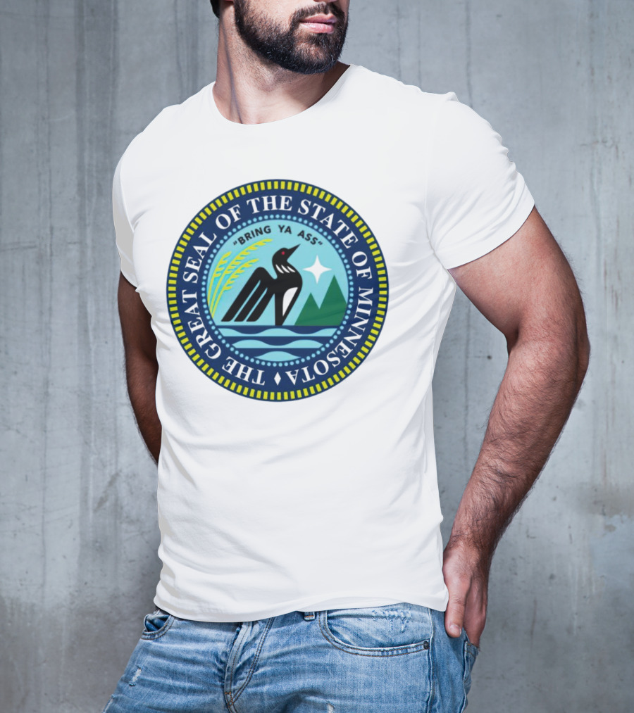 The Great Seal Of The State Of Minnesota Bring Ya Ass Black Bird Mountains Waves Star T-Shirt
