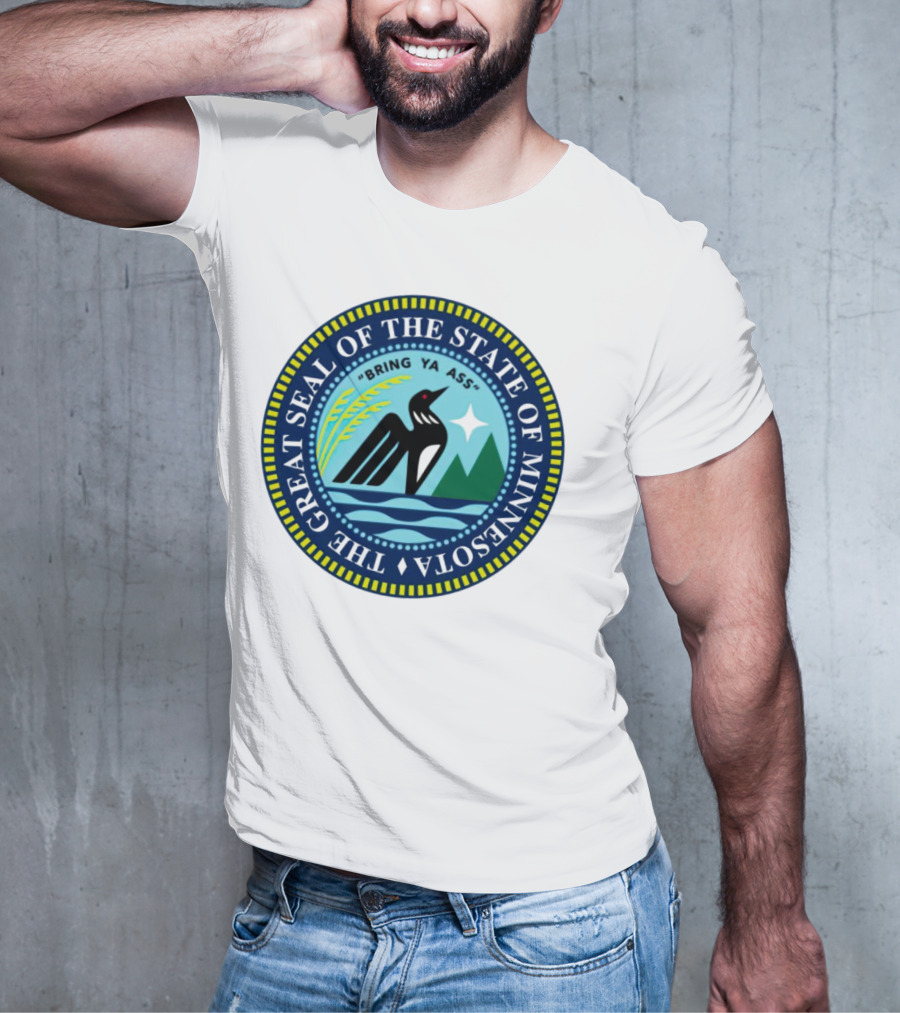 The Great Seal Of The State Of Minnesota Bring Ya Ass Black Bird Mountains Waves Star T-Shirt