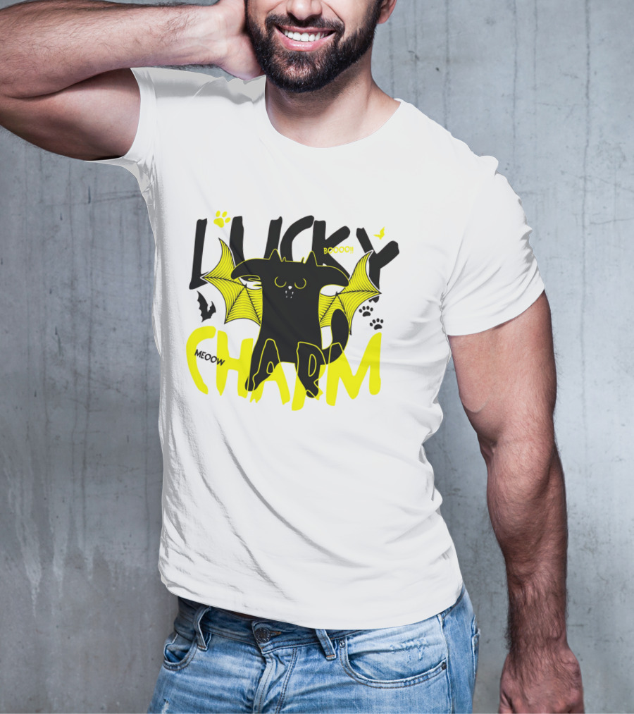 Lucky Charm Booo Meoow Bat Cat Halloween Paws T-Shirt