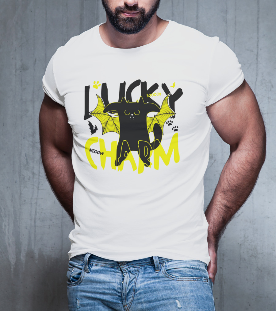 Lucky Charm Booo Meoow Bat Cat Halloween Paws T-Shirt