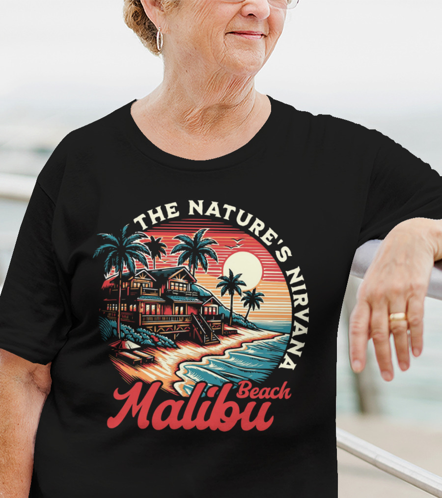 The Nature's Nirvana Malibu Beach Retro Sunset Scene T-Shirt